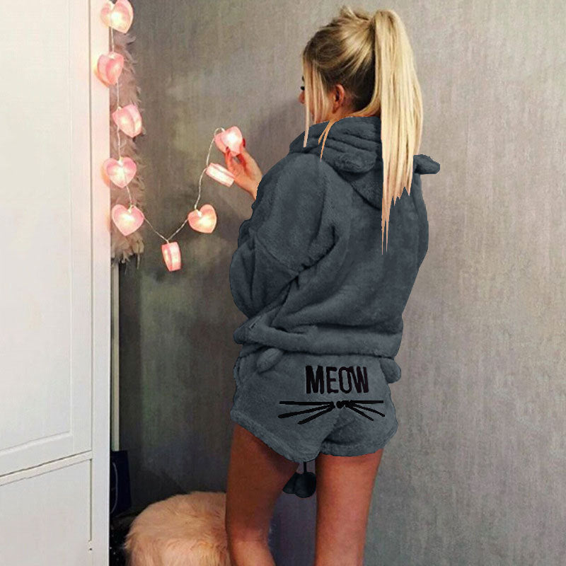 Women's Autumn Cat Embroidery Pajamas Hooded Two-piece Fashion Casual Suit