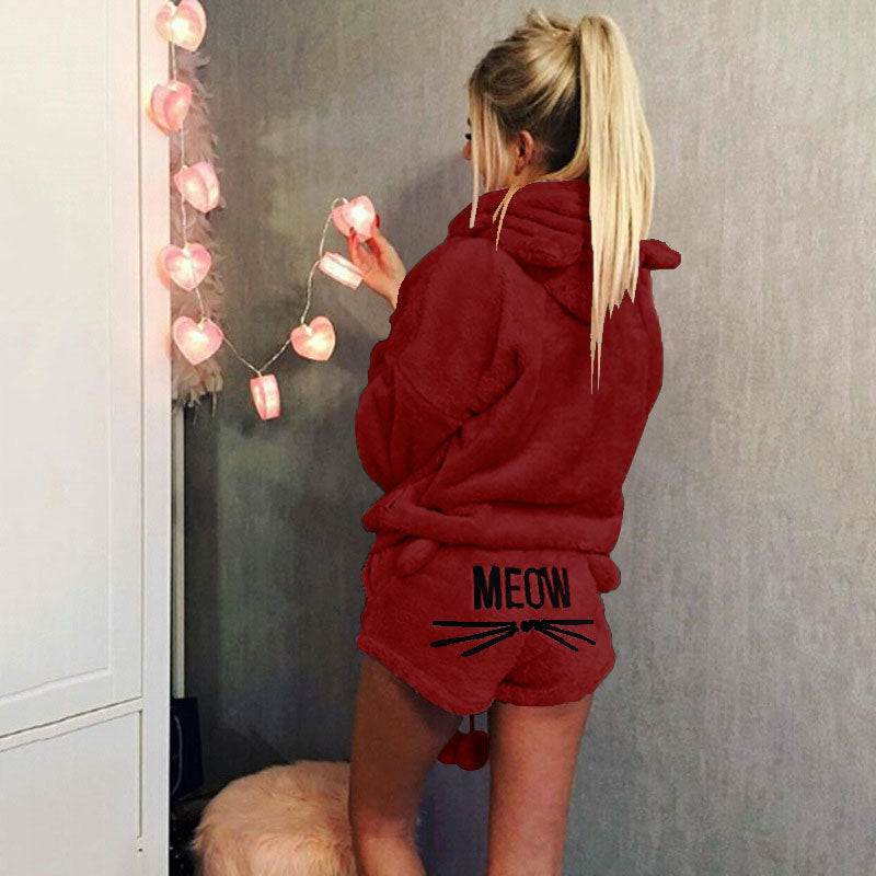 Women's Autumn Cat Embroidery Pajamas Hooded Two-piece Fashion Casual Suit