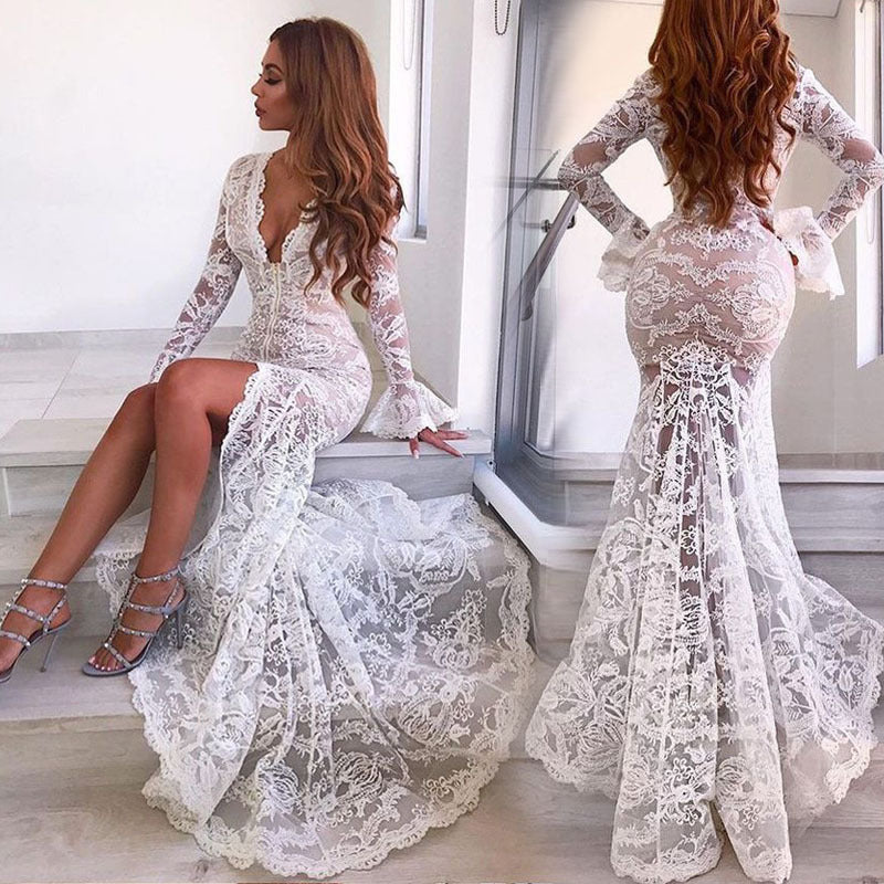 Dress Sexy Deep V Lace Split Dresses