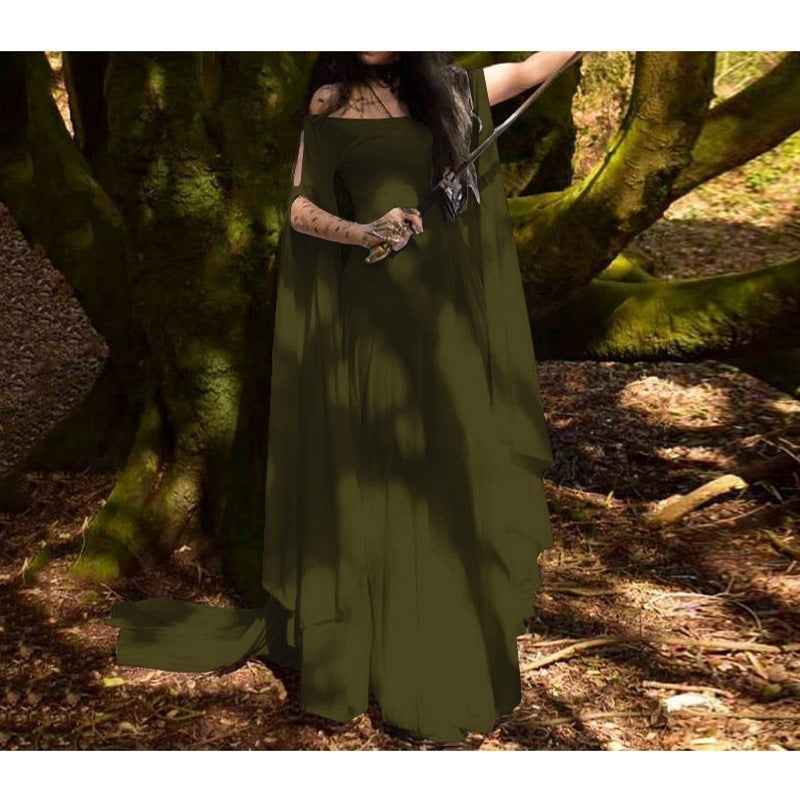 Women's Long-sleeved Round Neck Belt Halloween Long Dress