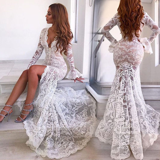 Dress Sexy Deep V Lace Split Dresses