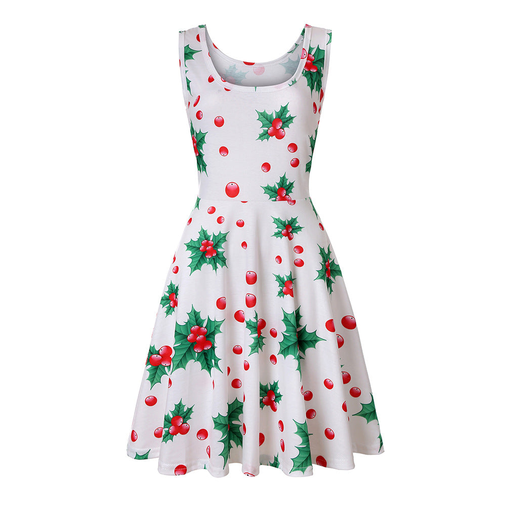 Woman Summer Beach Round Neck Sleeveless Swing Dress