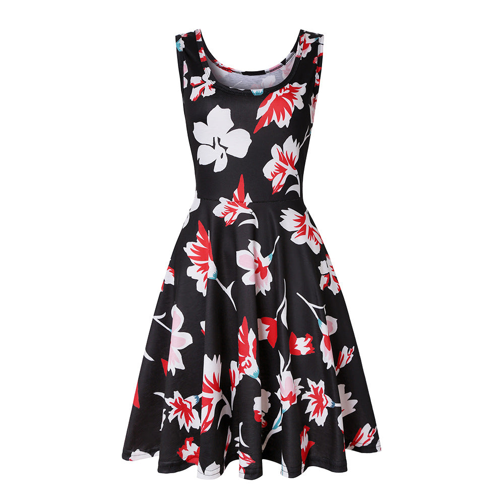 Woman Summer Beach Round Neck Sleeveless Swing Dress