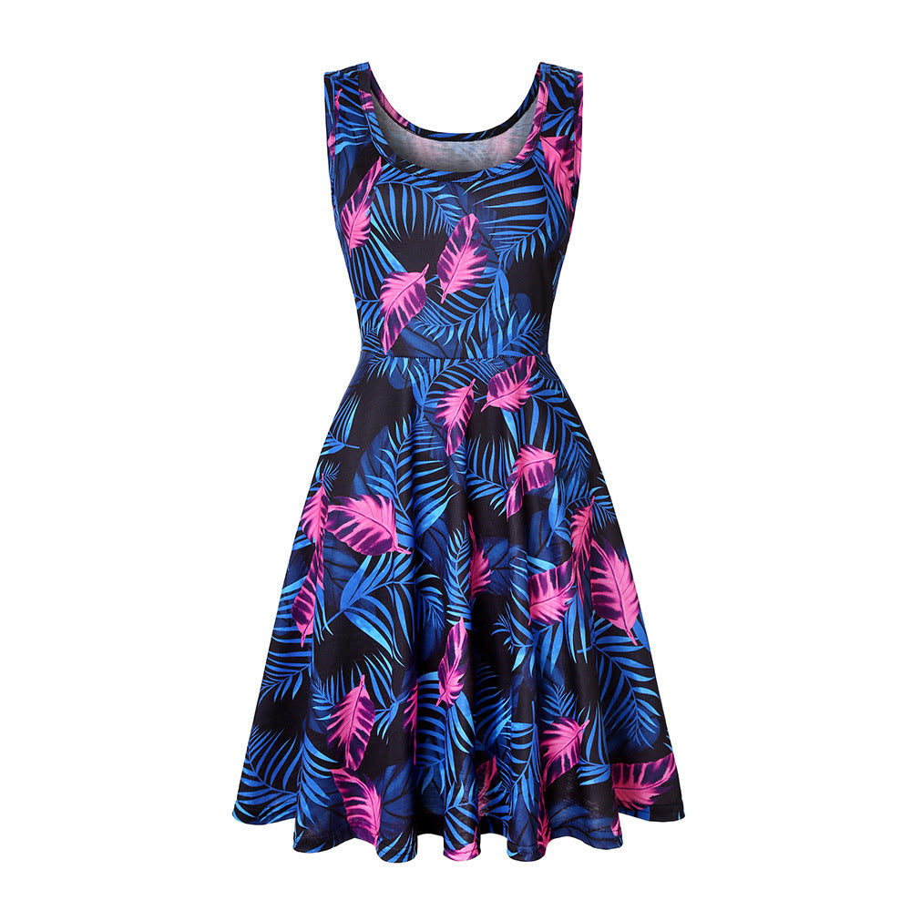 Woman Summer Beach Round Neck Sleeveless Swing Dress