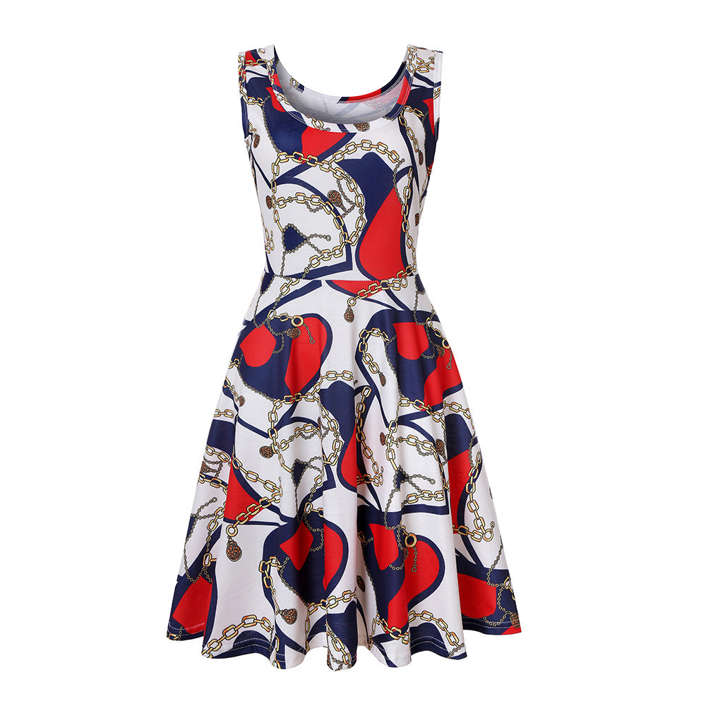 Woman Summer Beach Round Neck Sleeveless Swing Dress
