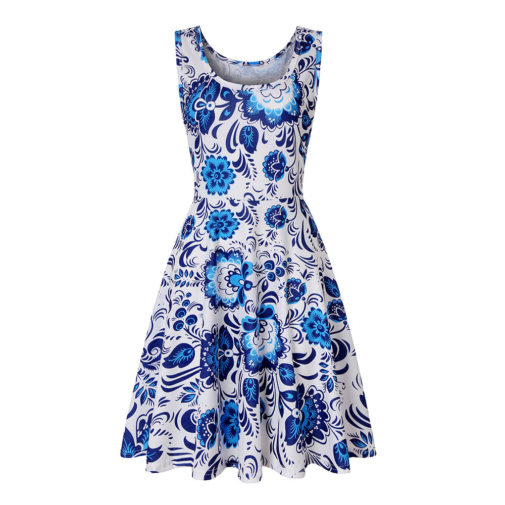 Woman Summer Beach Round Neck Sleeveless Swing Dress
