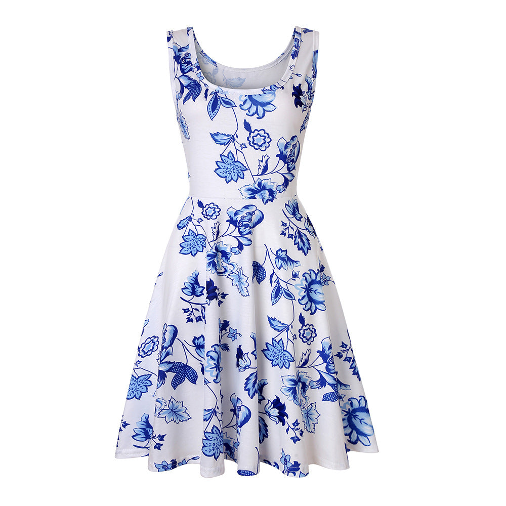 Woman Summer Beach Round Neck Sleeveless Swing Dress