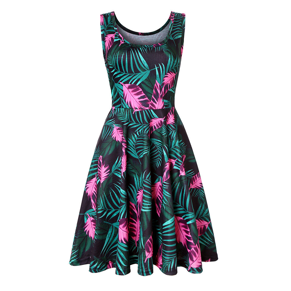Woman Summer Beach Round Neck Sleeveless Swing Dress