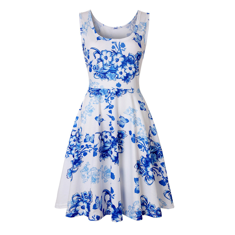 Woman Summer Beach Round Neck Sleeveless Swing Dress