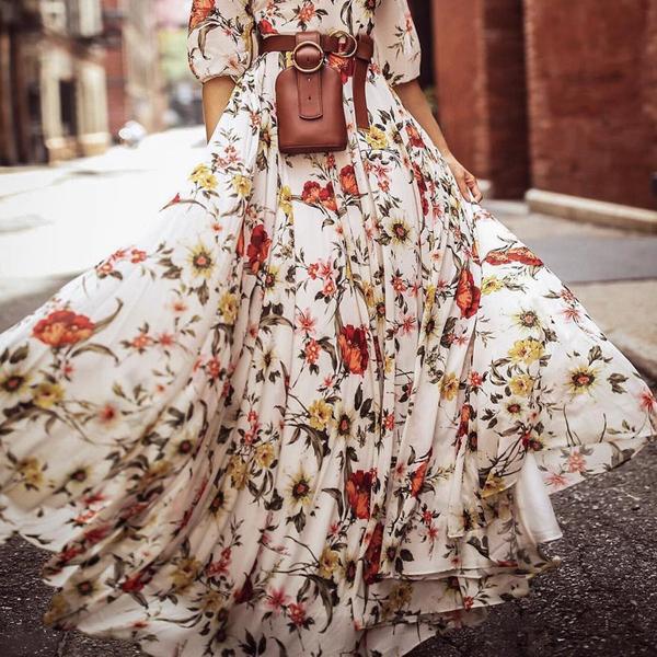 Women's Printed Bohemian Round Neck Sleeve Large Dress