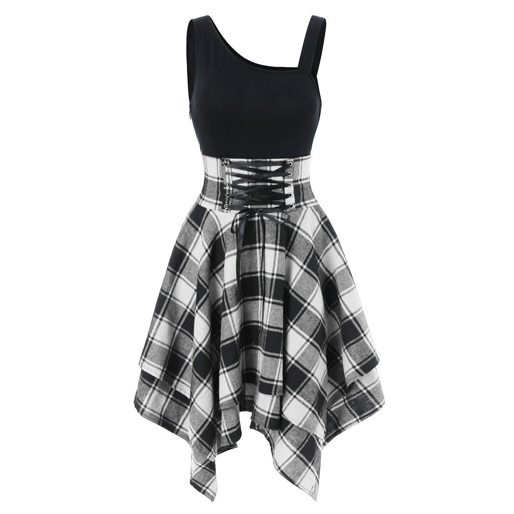 Women's Fashion Plaid Suspender Elastic Waist Irregular Dresses