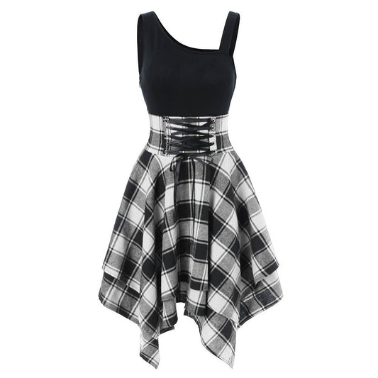 Women's Fashion Plaid Suspender Elastic Waist Irregular Dresses