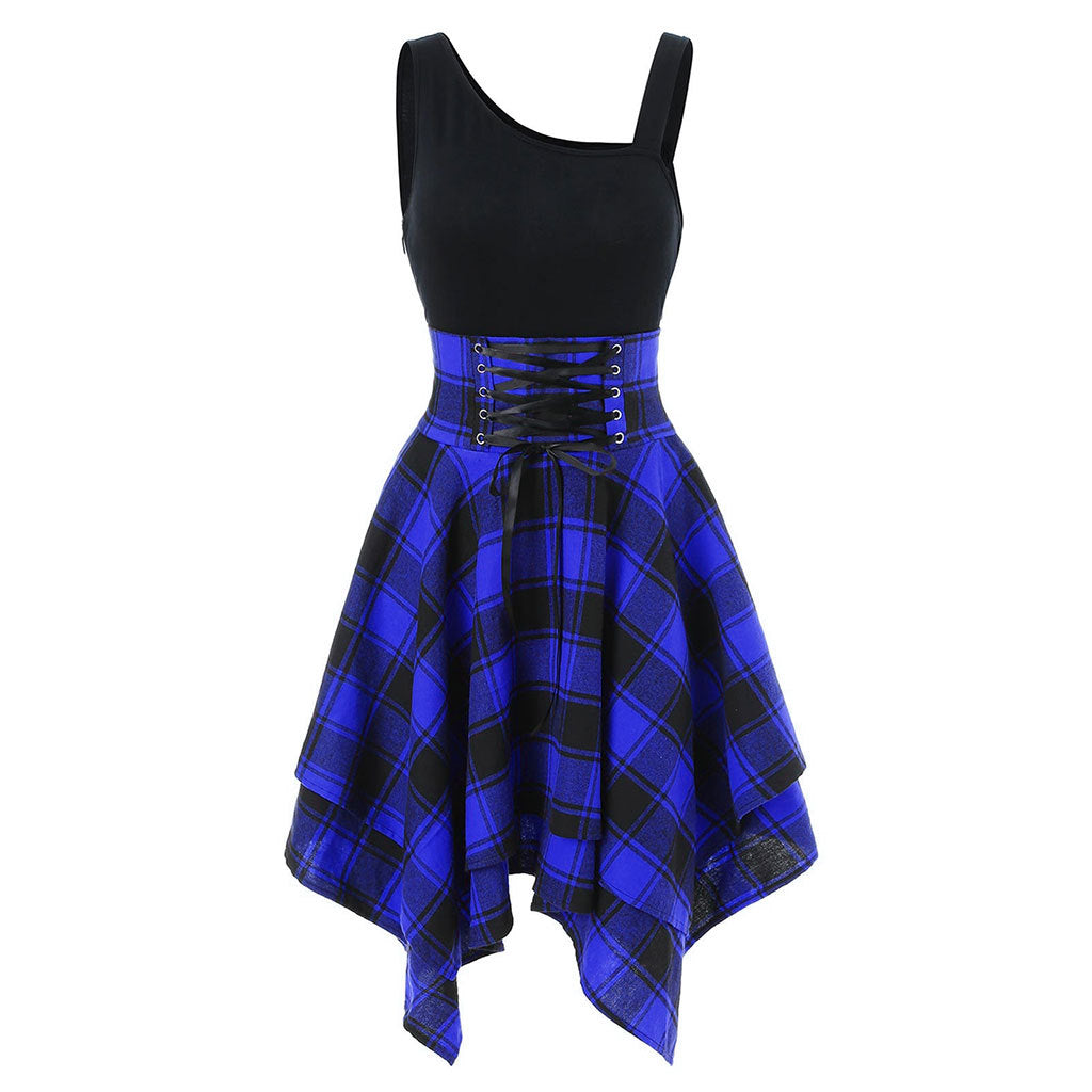 Women's Fashion Plaid Suspender Elastic Waist Irregular Dresses