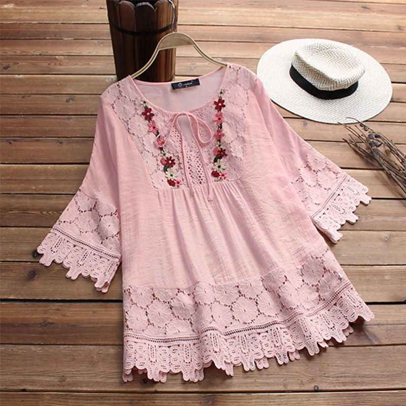 Women's Summer Cotton Linen Stitching Lace Elegant Blouses