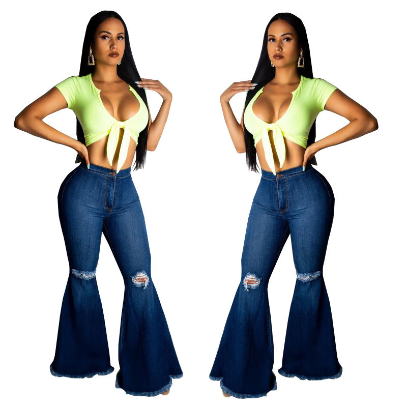 Fashion Wide Leg Knee Ripped Denim Jeans