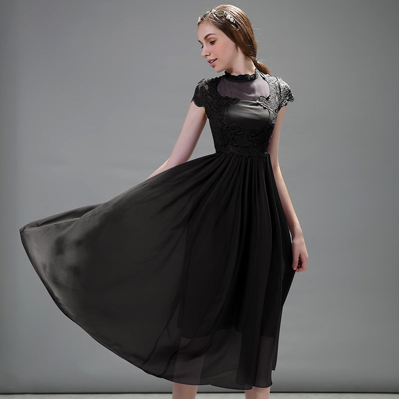 Summer French Elegant Temperament Slimming Sleeve Long Pleating Big Swing Dress