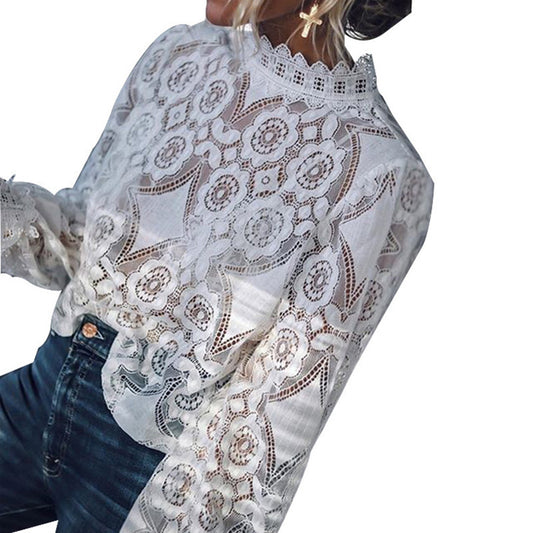 Women's Long Sleeve Stand Collar Lace Lantern Blouses