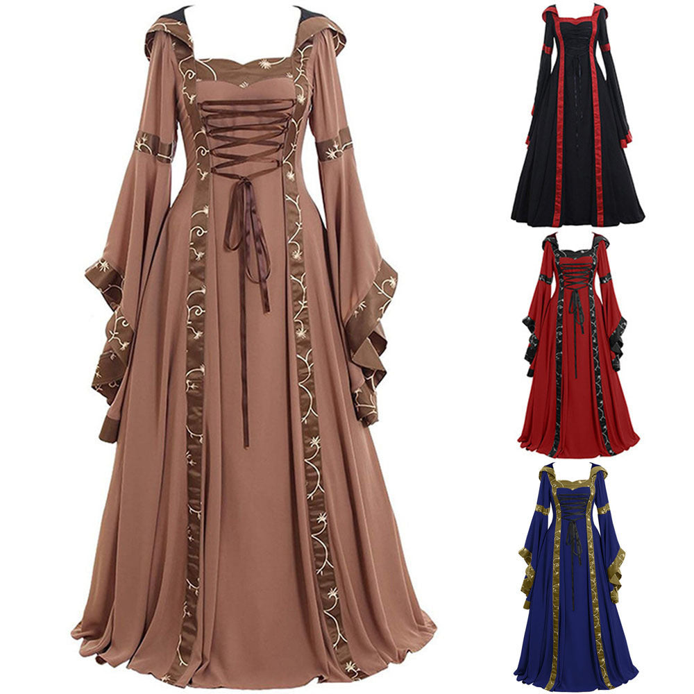 Medieval Retro Hooded Square Collar Lace Up Bell Sleeve Dress