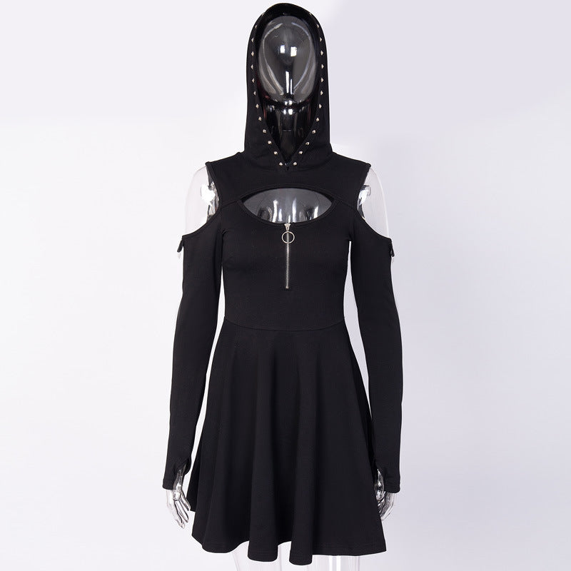Women's Punk Solid Color Zipper Rivet Hooded Sweaters