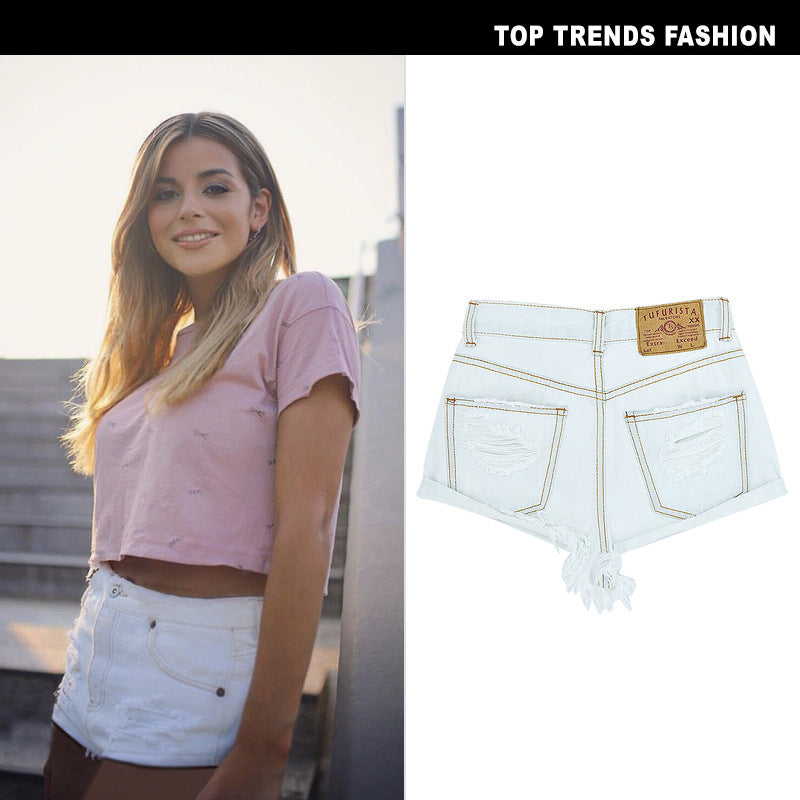 Women's High Waist Sexy Water Washed Hole Fringe Hemming Pants