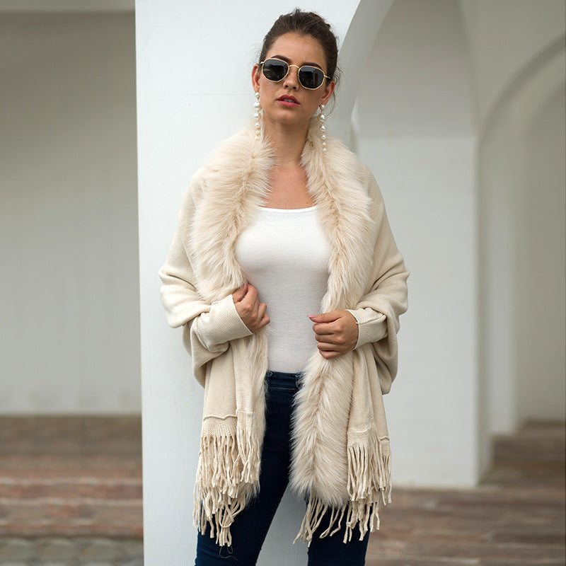 Cape Shawl Fur Collar Cloak Solid Knitwear