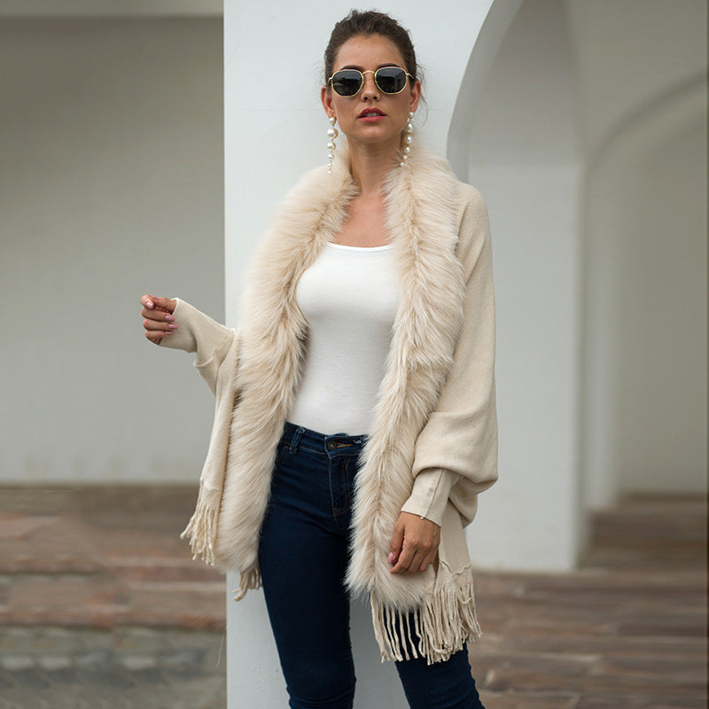 Cape Shawl Fur Collar Cloak Solid Knitwear