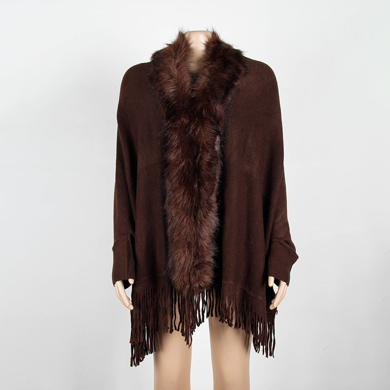 Cape Shawl Fur Collar Cloak Solid Knitwear