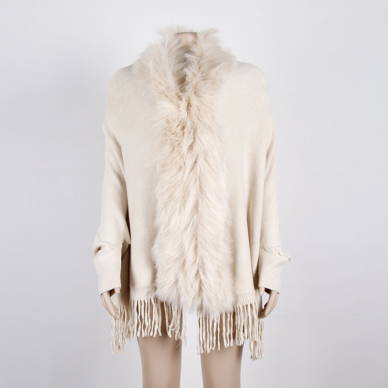 Cape Shawl Fur Collar Cloak Solid Knitwear