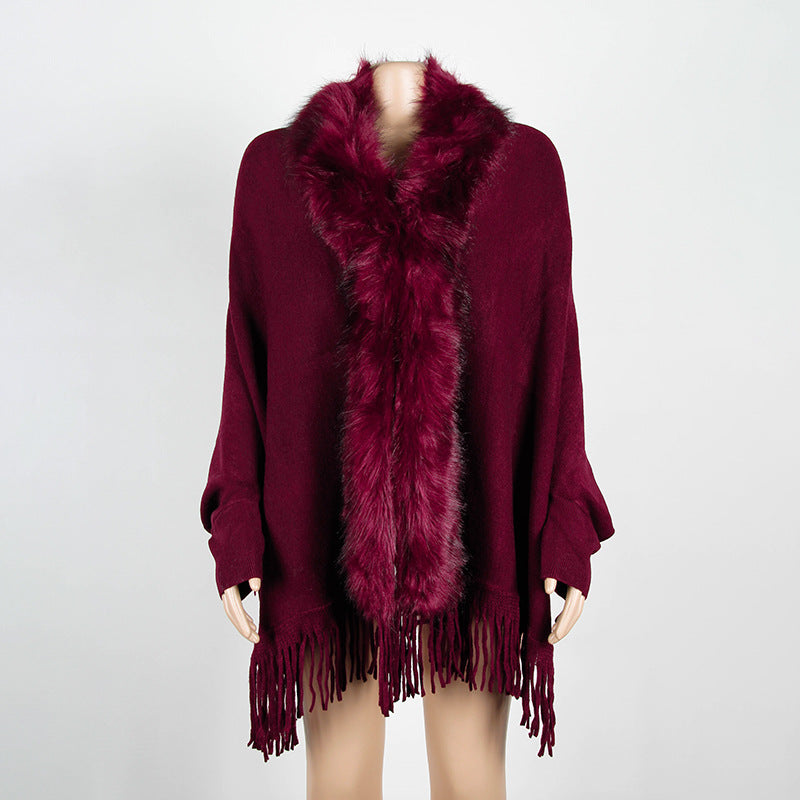 Cape Shawl Fur Collar Cloak Solid Knitwear
