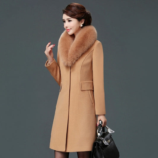 Women's Korean Style Wool Mid-length Woolen Fur Collar Trench Slim Coats