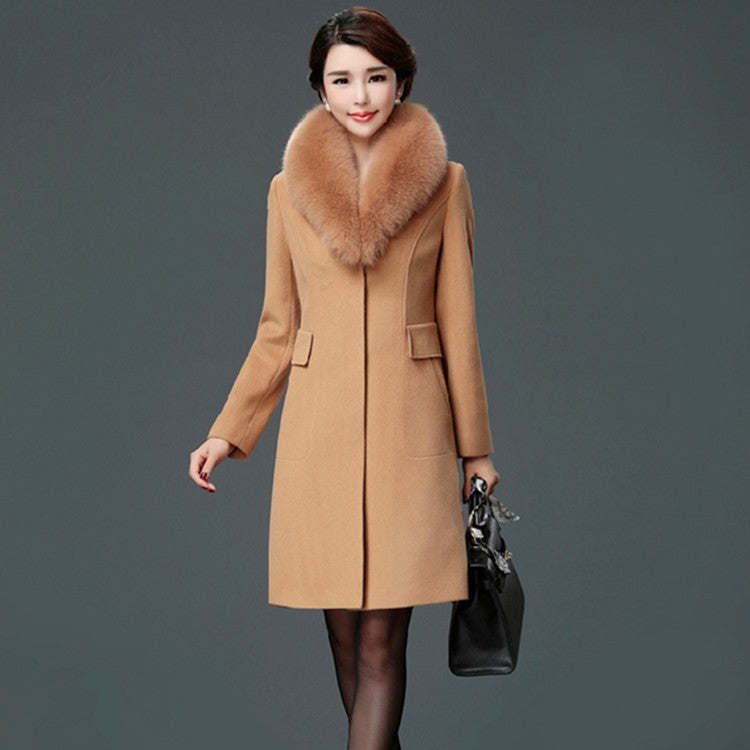 Women's Korean Style Wool Mid-length Woolen Fur Collar Trench Slim Coats