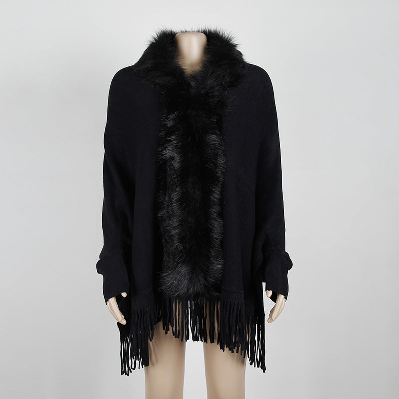 Cape Shawl Fur Collar Cloak Solid Knitwear