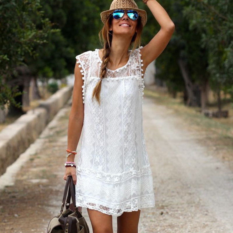 Women's Small Fuzzy Ball Edge Lace Stitching With Dress