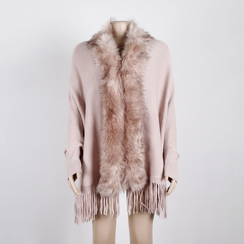 Cape Shawl Fur Collar Cloak Solid Knitwear
