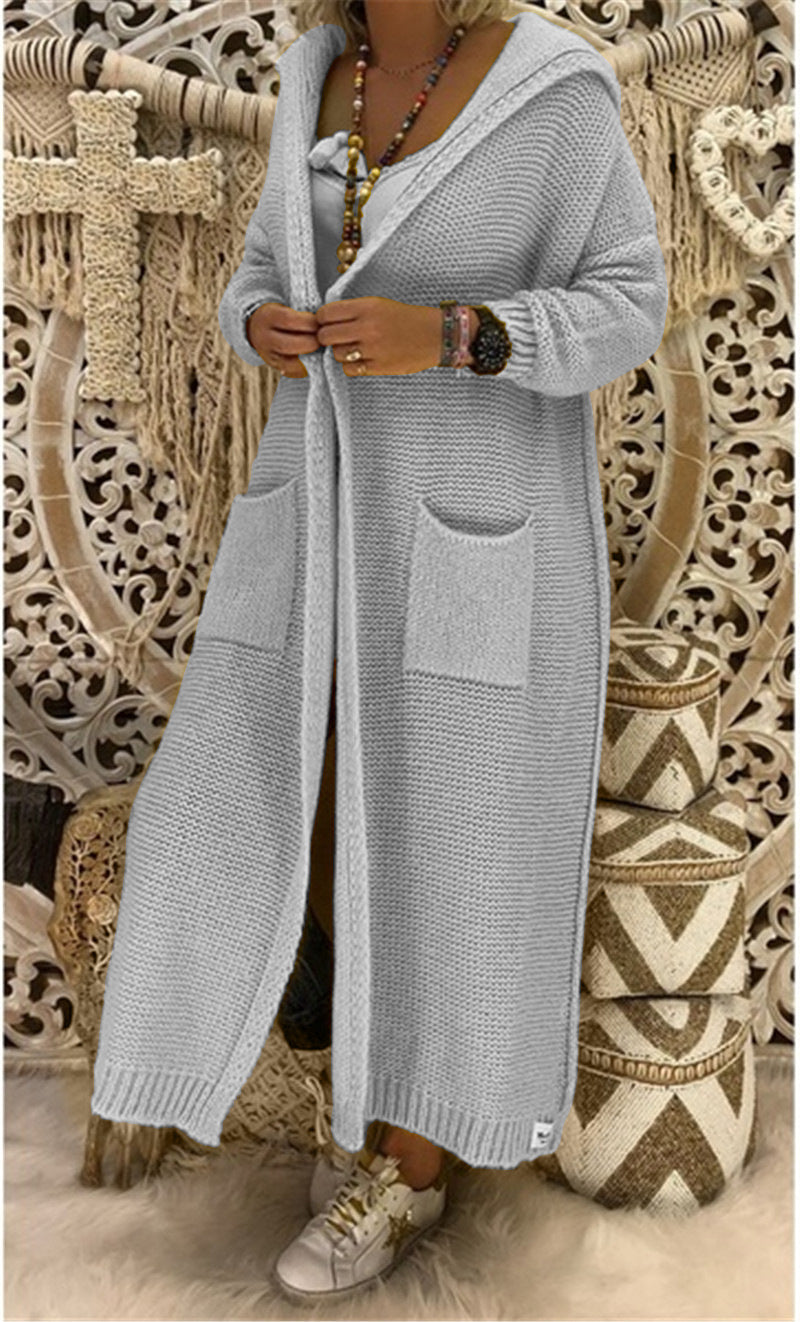Women's Lazy Loose Long Pocket Hooded Knit Sweaters