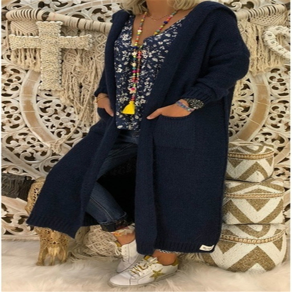 Women's Lazy Loose Long Pocket Hooded Knit Sweaters