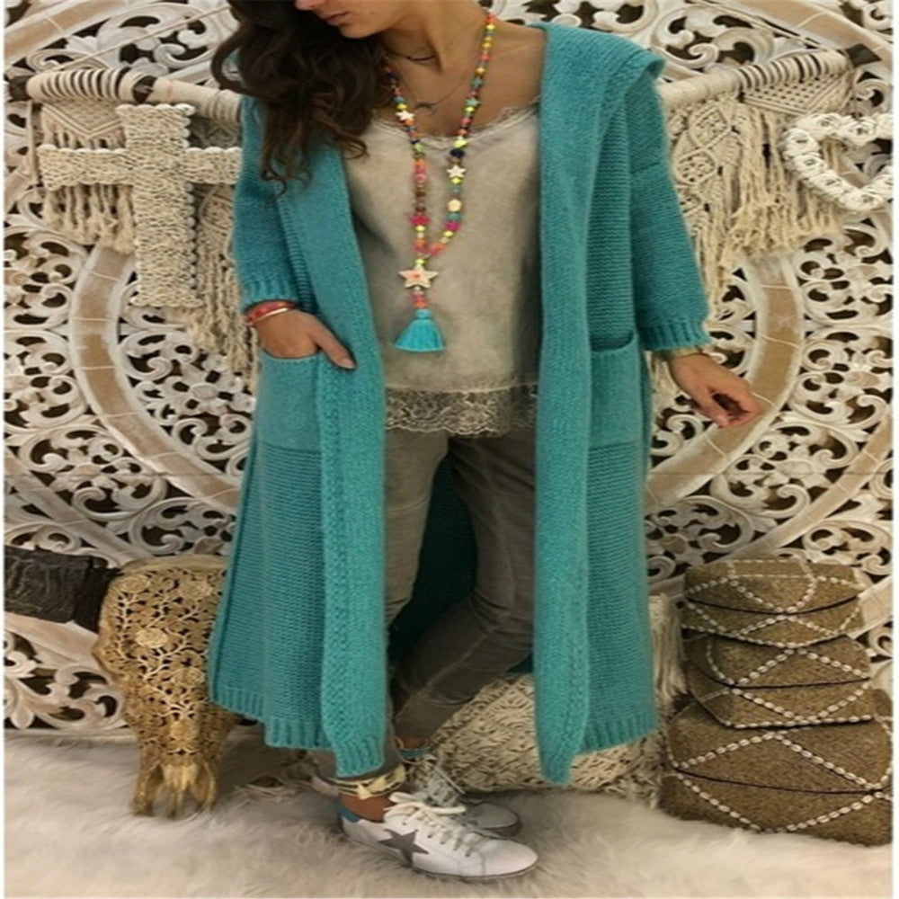 Women's Lazy Loose Long Pocket Hooded Knit Sweaters