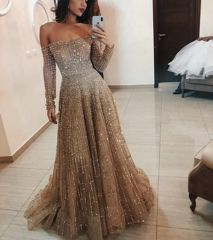 Attractive Trendy Long Shiny Sleeve Tube Dress