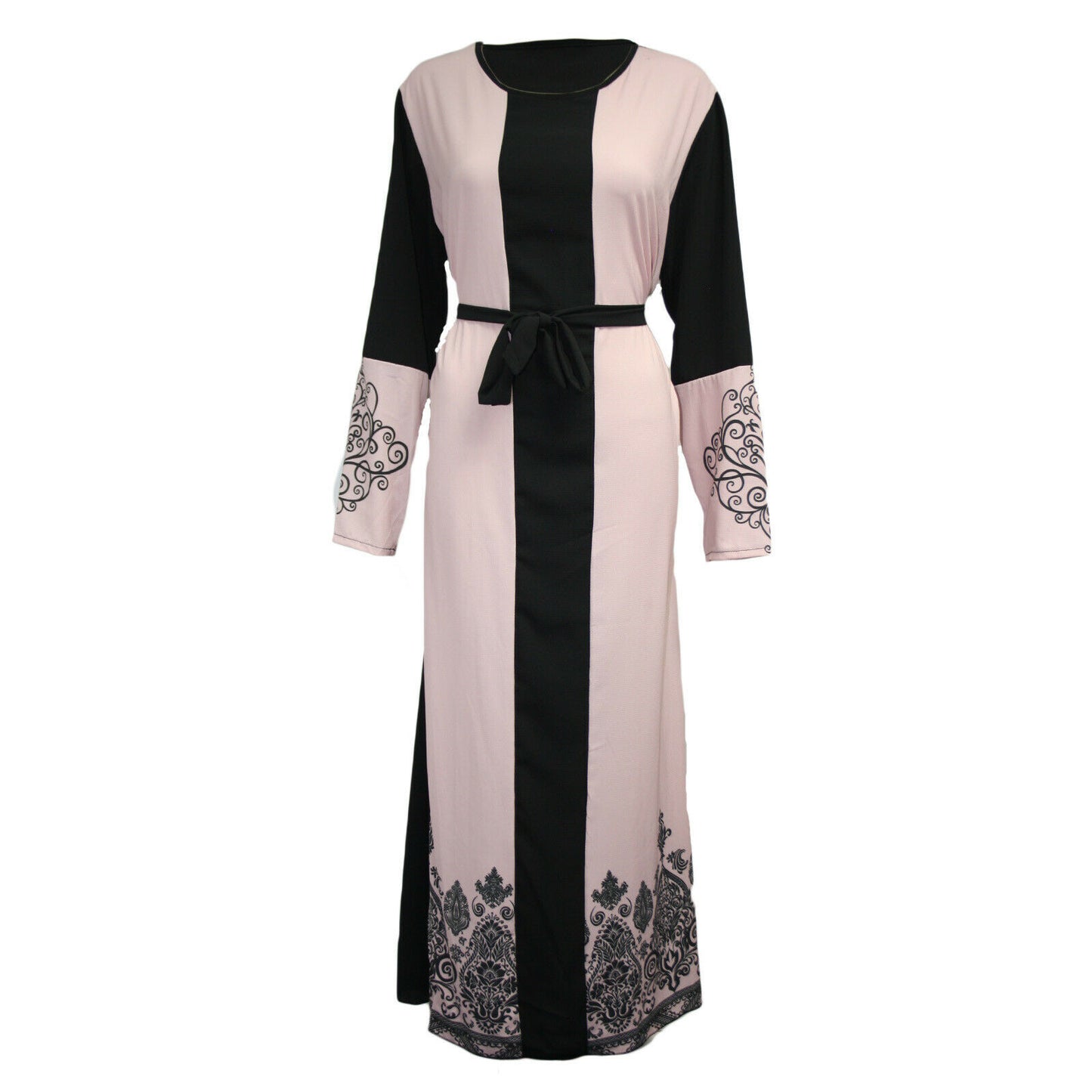 Elegant Printed Long Sleeve Stitching Belt Dress