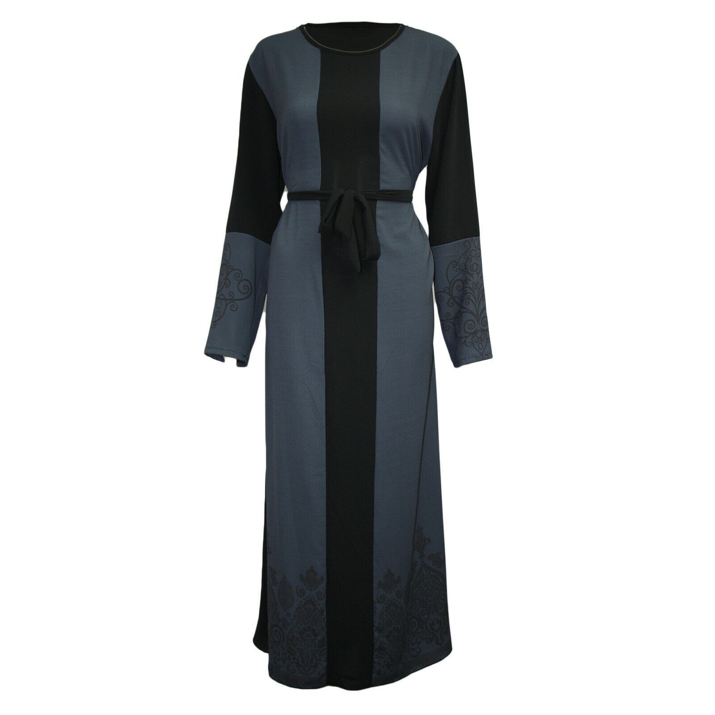 Elegant Printed Long Sleeve Stitching Belt Dress