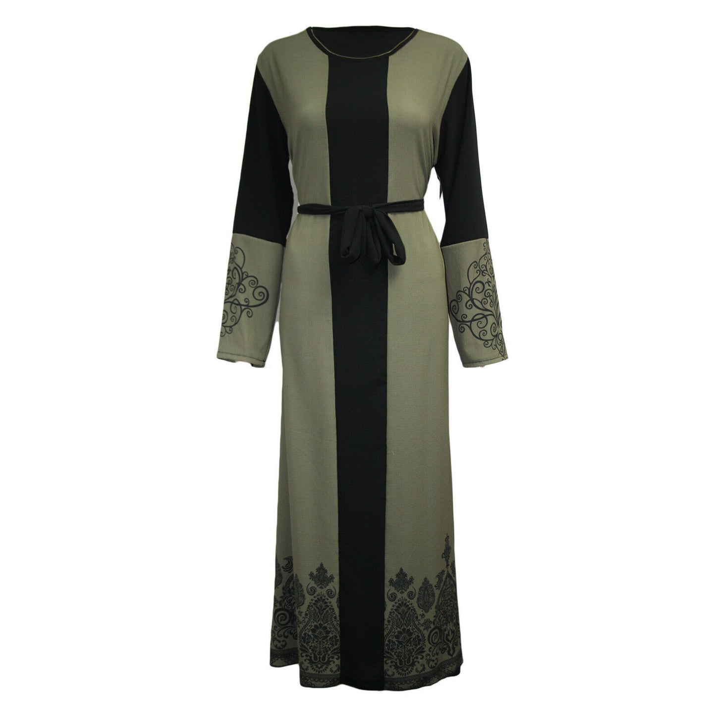 Elegant Printed Long Sleeve Stitching Belt Dress