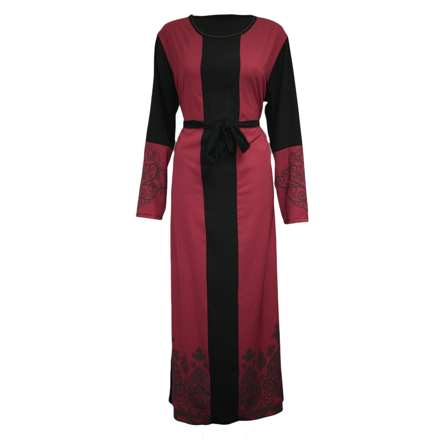 Elegant Printed Long Sleeve Stitching Belt Dress