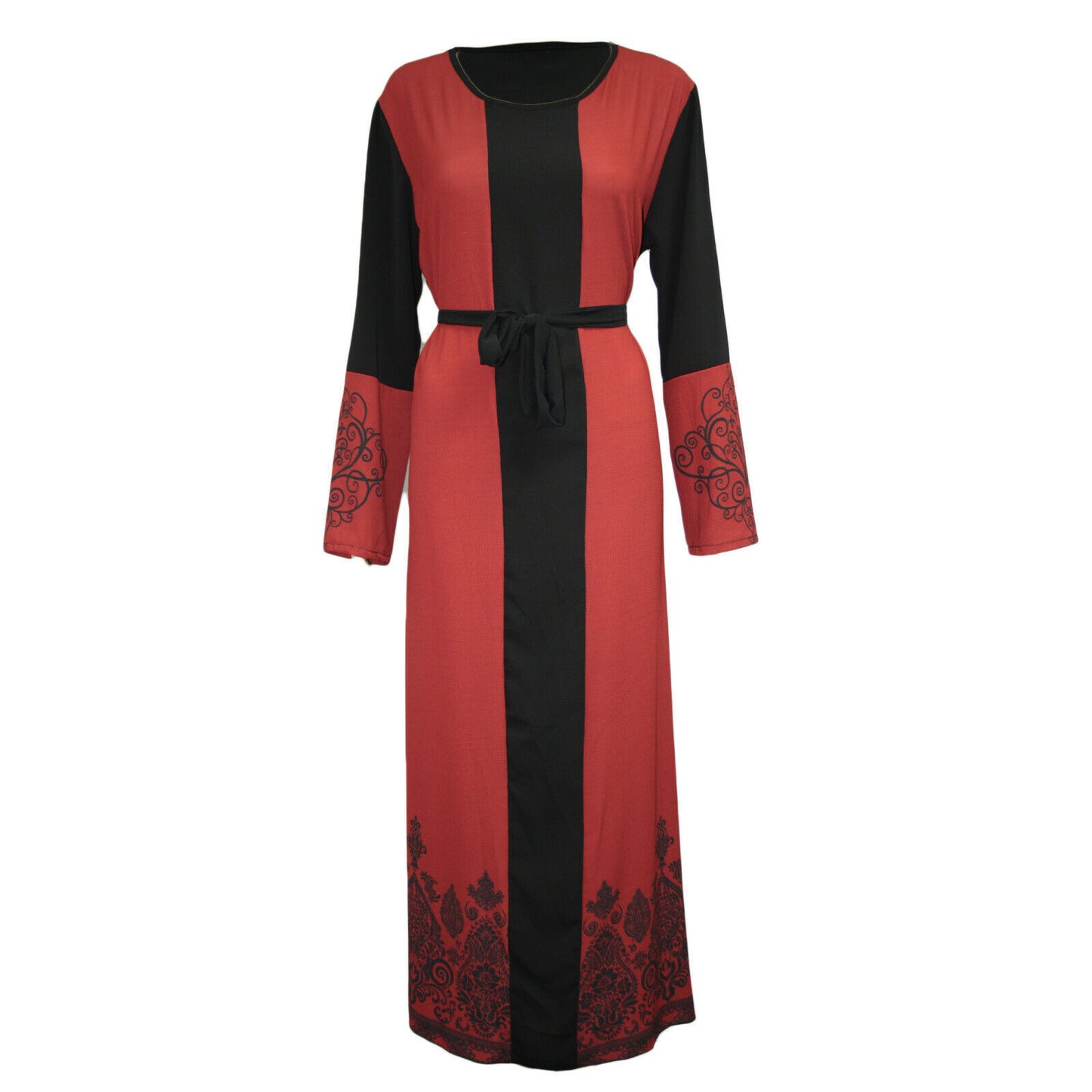 Elegant Printed Long Sleeve Stitching Belt Dress