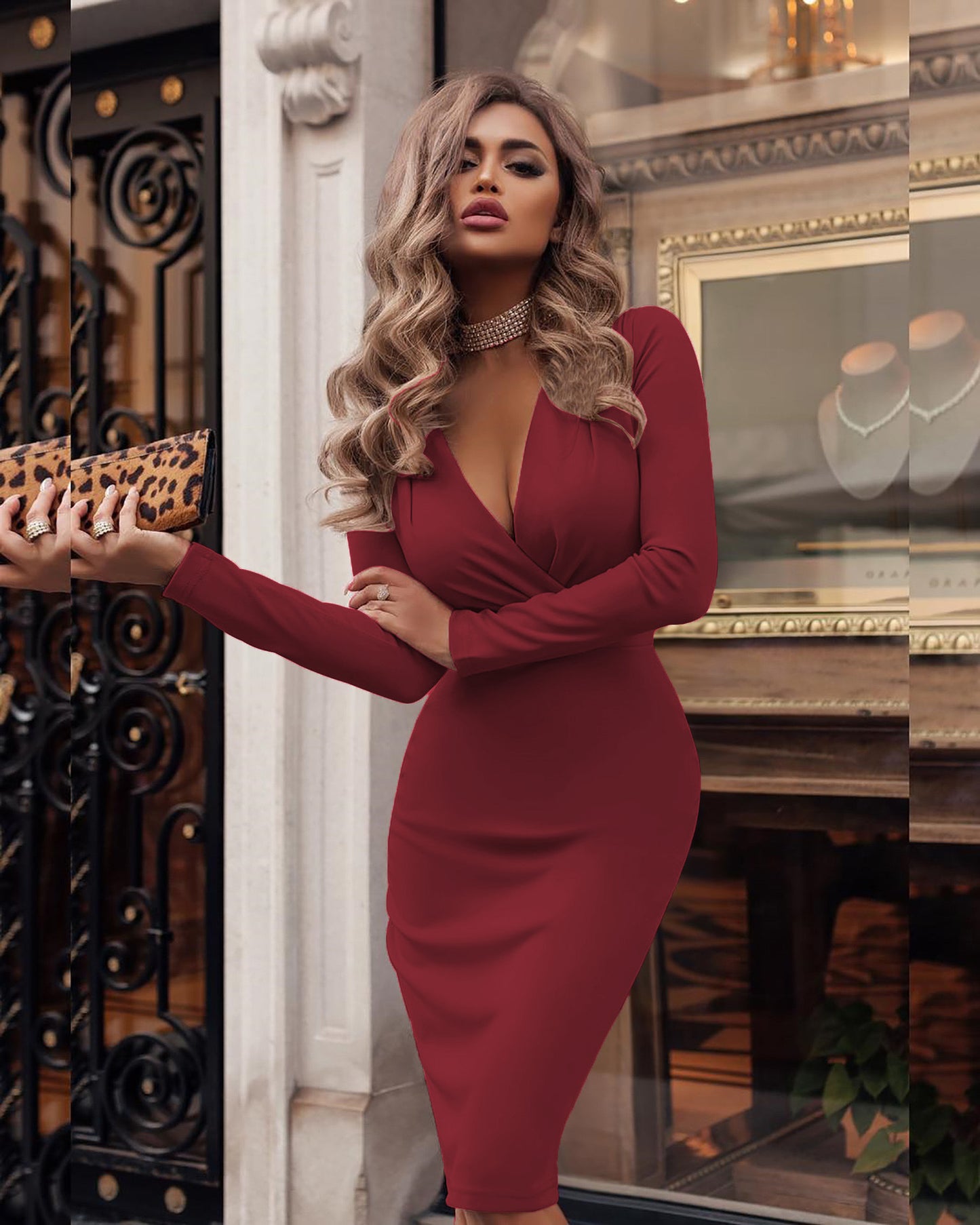 Women's Deep V Ruffle Hip Long Sleeve Solid Dress