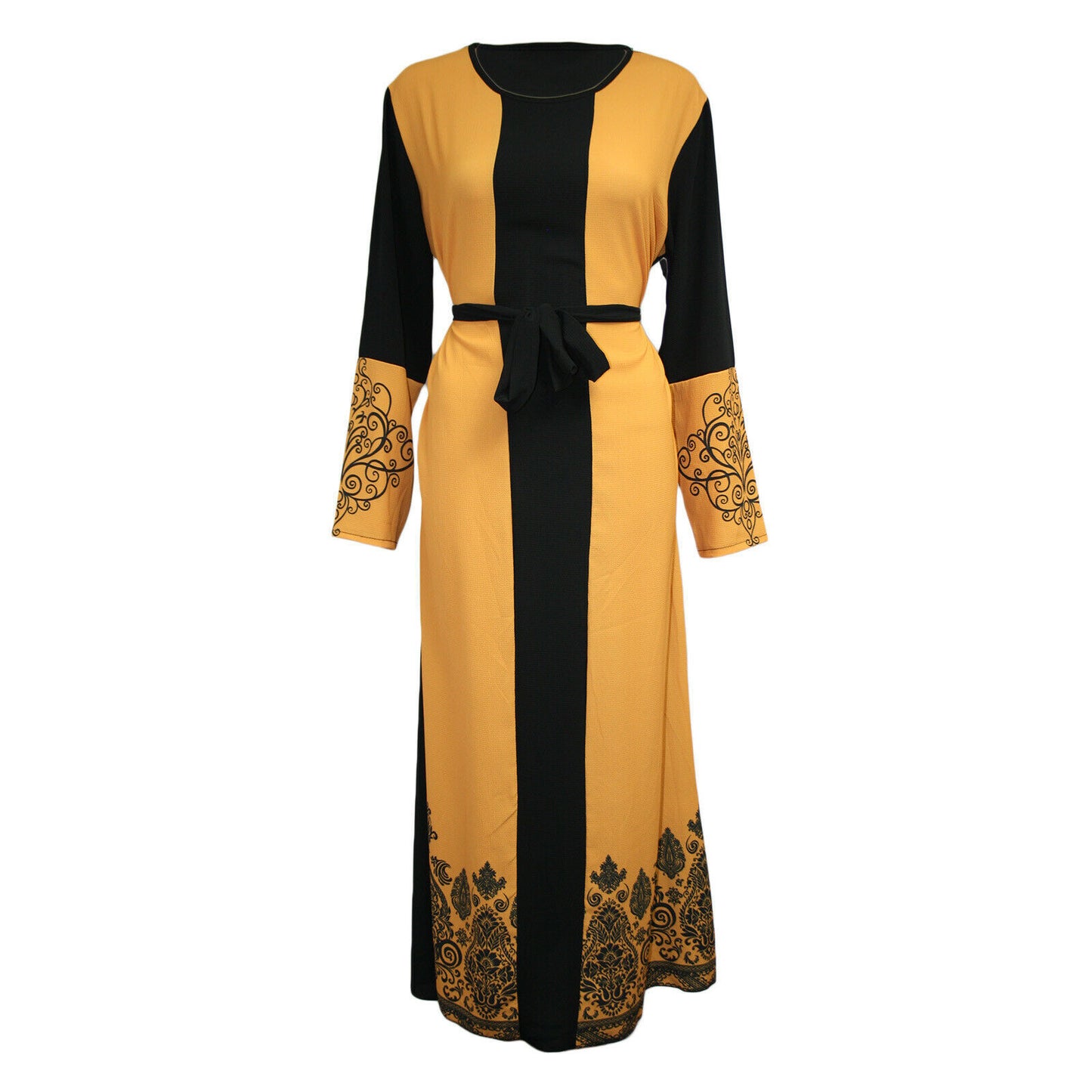 Elegant Printed Long Sleeve Stitching Belt Dress