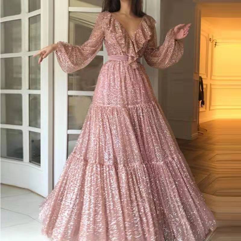 Women's Dress Sexy Long-sleeved Golden Swing Long Dresses
