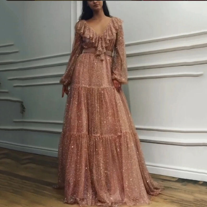 Women's Dress Sexy Long-sleeved Golden Swing Long Dresses