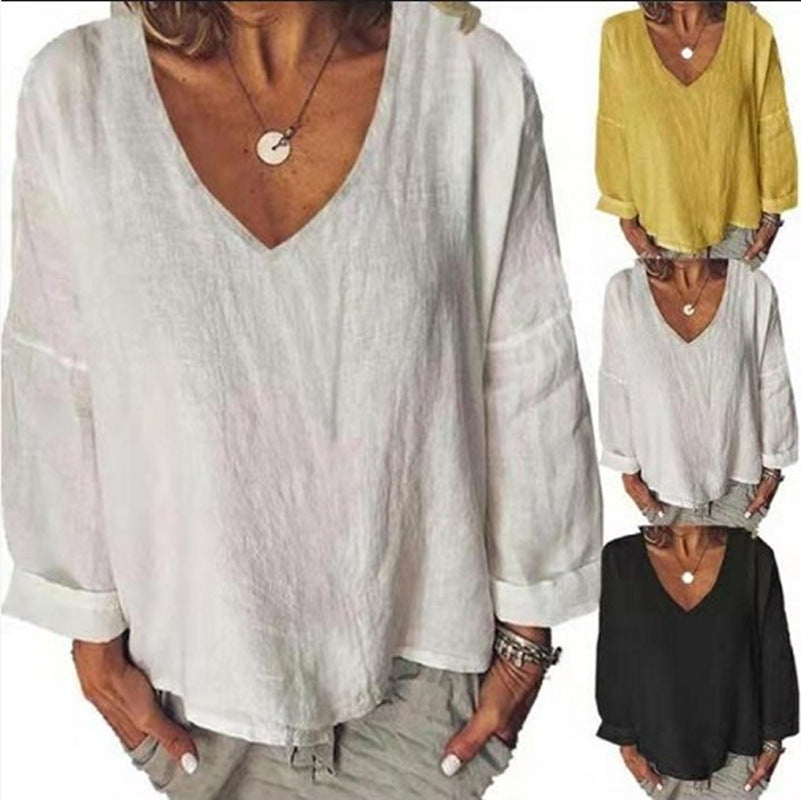 Women's Cotton Linen Solid Color Long-sleeved T-shirt Blouses