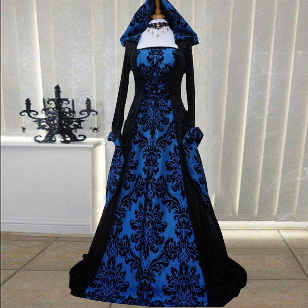 Vintage Artistic Long Sleeve Cinched Hoodie Large Swing Printed Dress