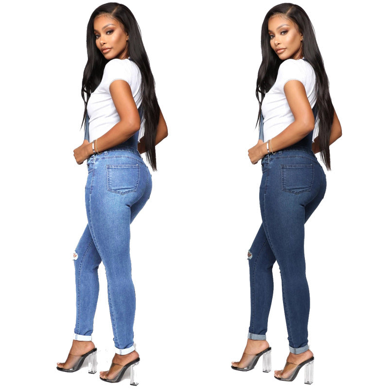 Women's Classy Classic Ripped Washed Overalls Jeans